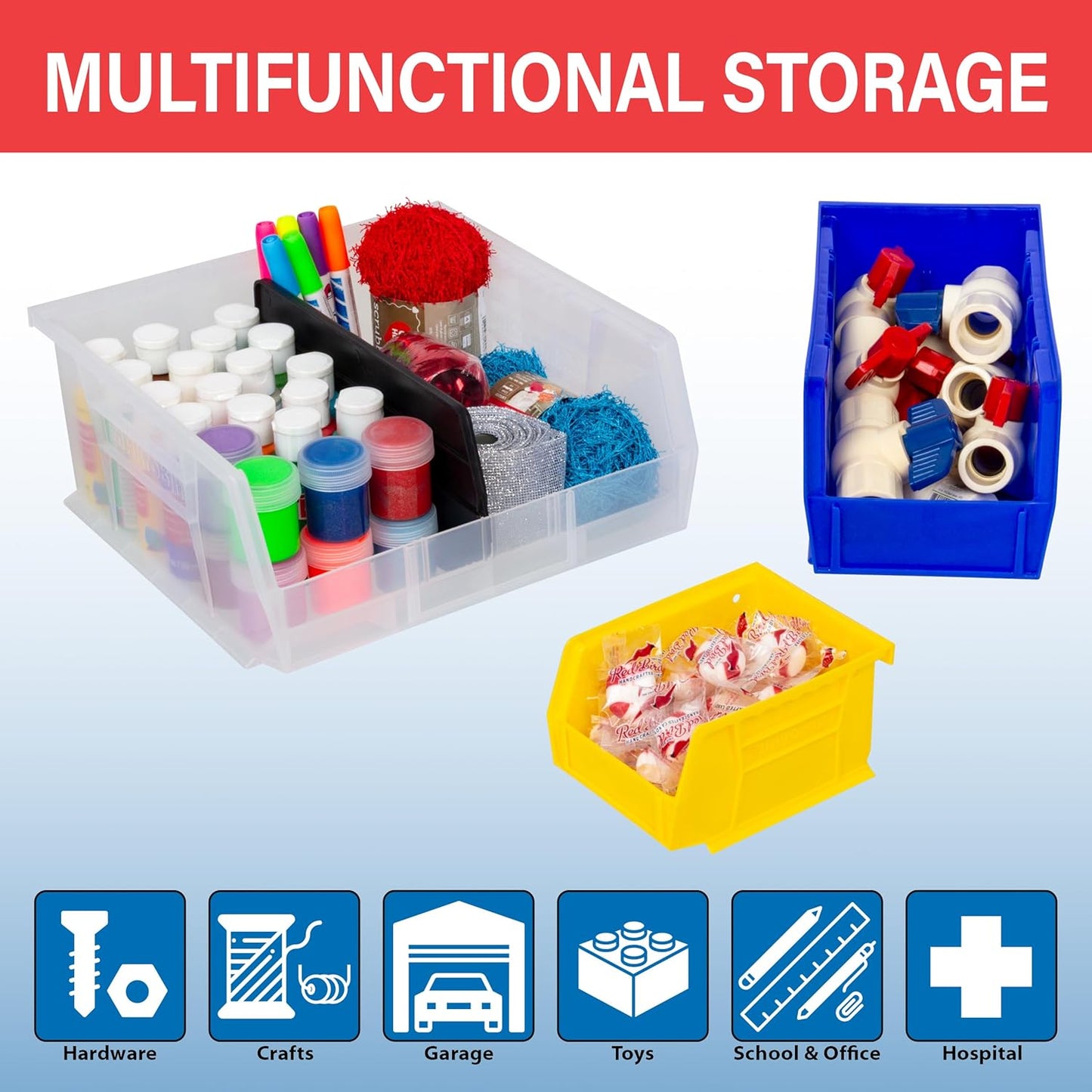 30220 Akrobins Plastic Hanging Stackable Storage Organizer Bin, 7-Inch X 4-Inch X 3-Inch, Red, 24-Pack